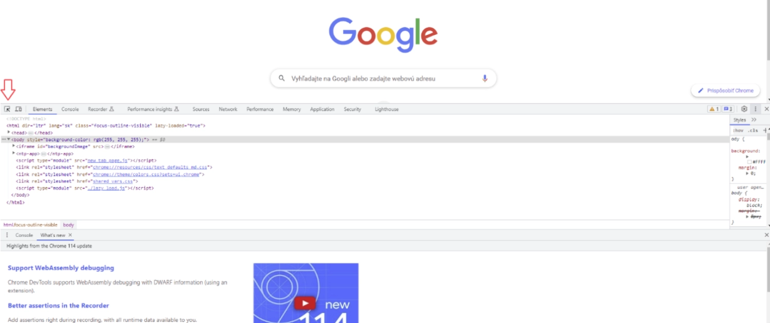 Screenshot otvoreného developer toolu v prehliadači