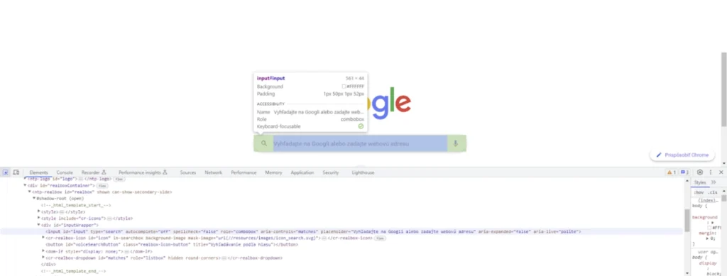 Screenshot otvoreného Developer Toolu v prehliadači