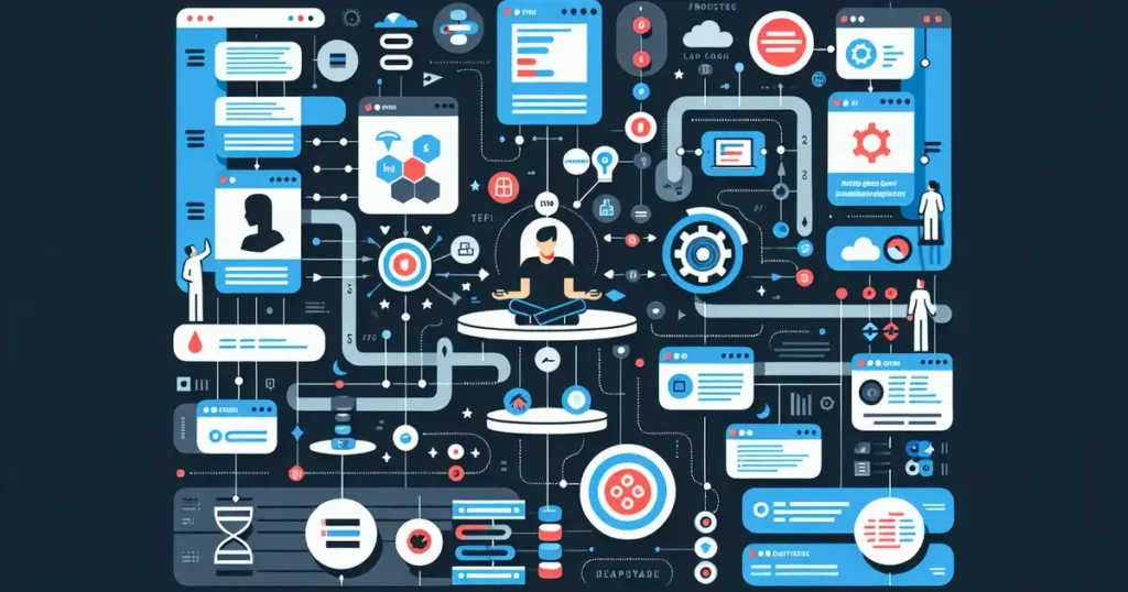 Full stack testing – ilustrácia testovania frontendu, API a databázy full stack testerom Infografika znázorňujúca proces full stack testingu – full stack tester testuje frontend, API a databázu